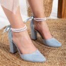 Denise - Baby Blue Suede Wedding Heels with Pearls