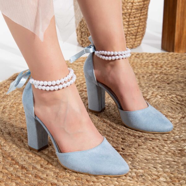 Denise - Baby Blue Suede Wedding Heels with Pearls - Image 2