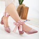 Fiona - Rose Velvet Low Heels with Ribbon