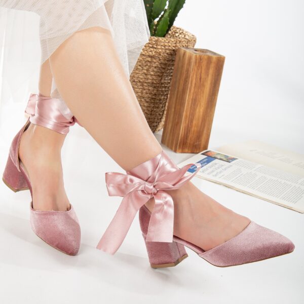 Fiona - Rose Velvet Low Heels with Ribbon - Image 3