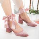 Fiona - Rose Velvet Low Heels with Ribbon