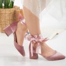 Fiona - Rose Velvet Low Heels with Ribbon