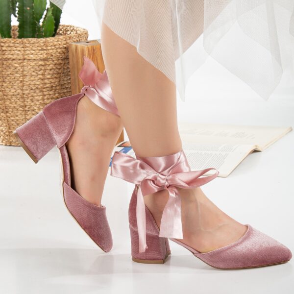 Fiona - Rose Velvet Low Heels with Ribbon - Image 2